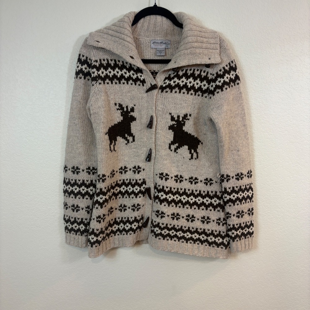 Eddie Bauer Cardigan Women M Beige Fair Isle Elk Wool Blend Toggle Sweater Cozy